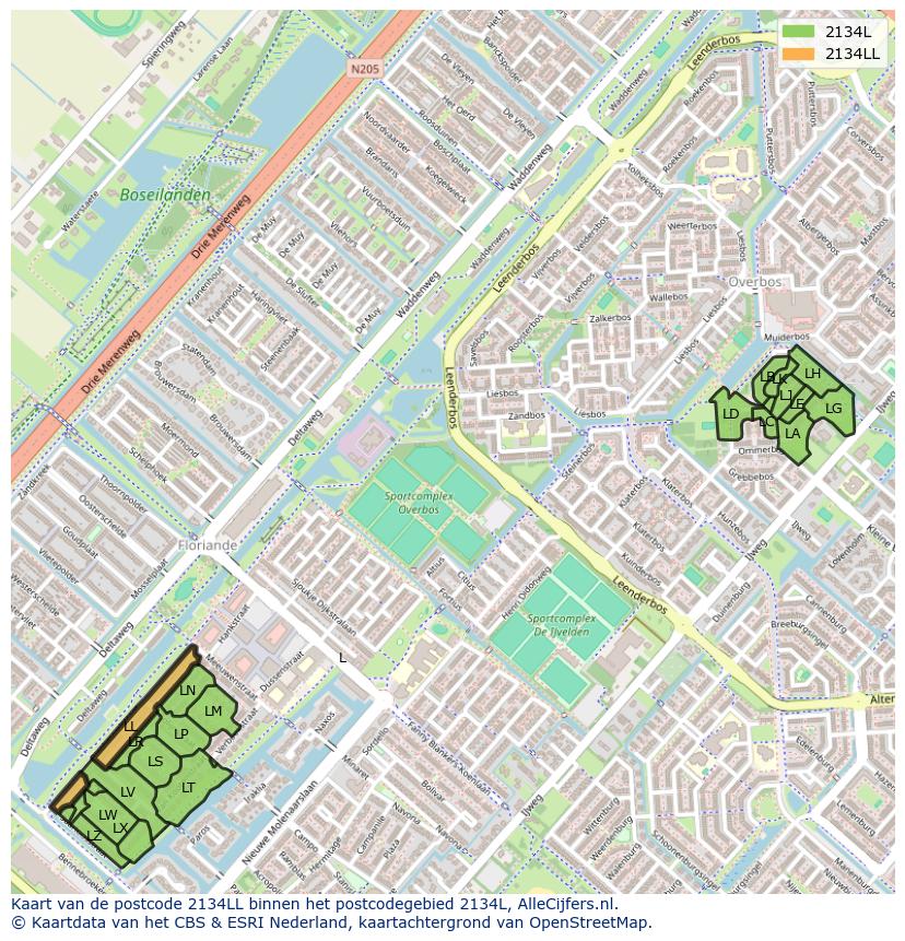 Afbeelding van het postcodegebied 2134 LL op de kaart.
