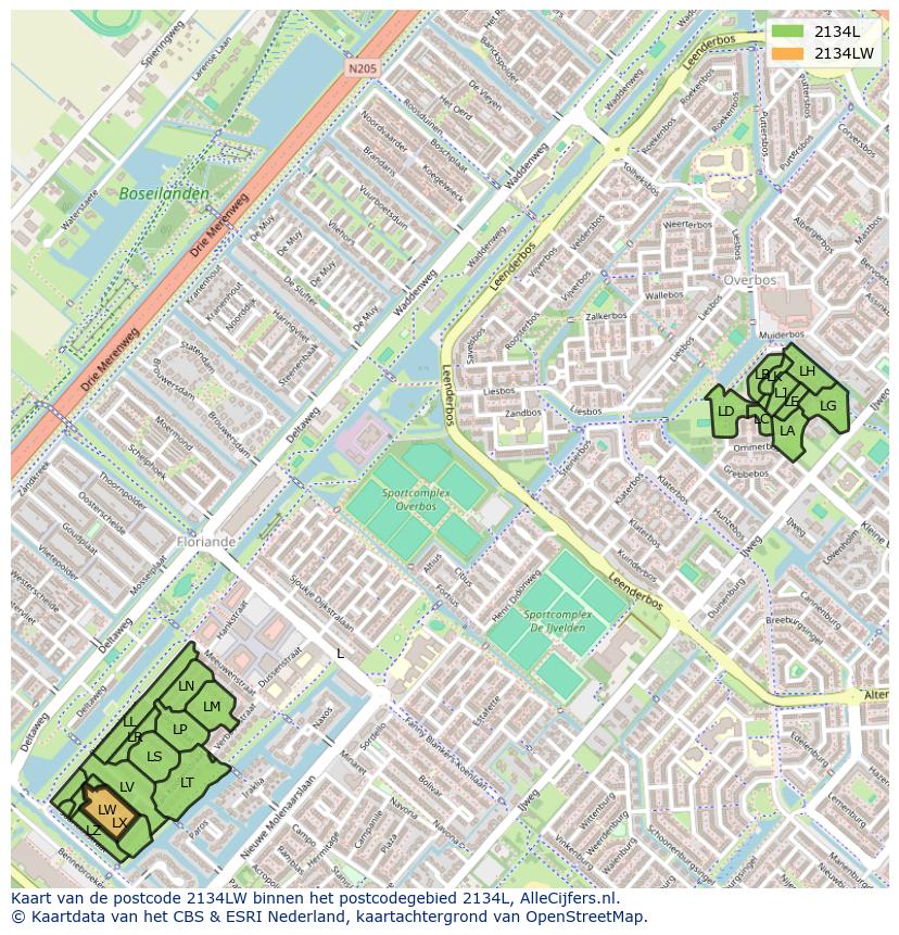 Afbeelding van het postcodegebied 2134 LW op de kaart.