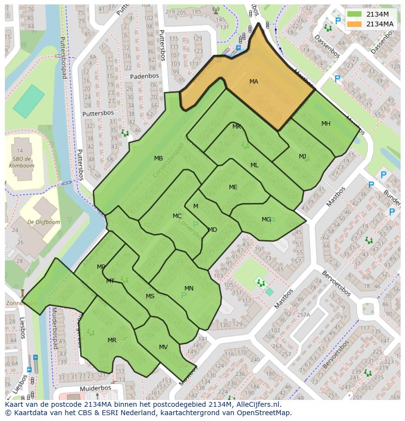 Afbeelding van het postcodegebied 2134 MA op de kaart.