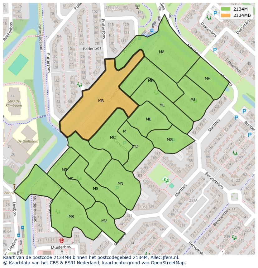 Afbeelding van het postcodegebied 2134 MB op de kaart.