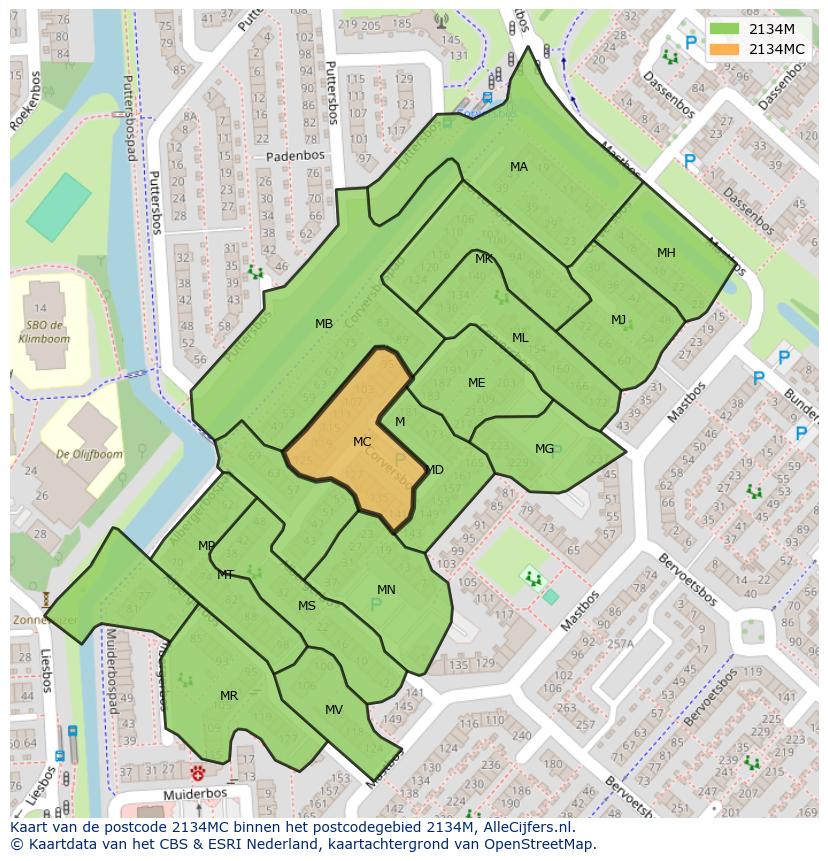 Afbeelding van het postcodegebied 2134 MC op de kaart.