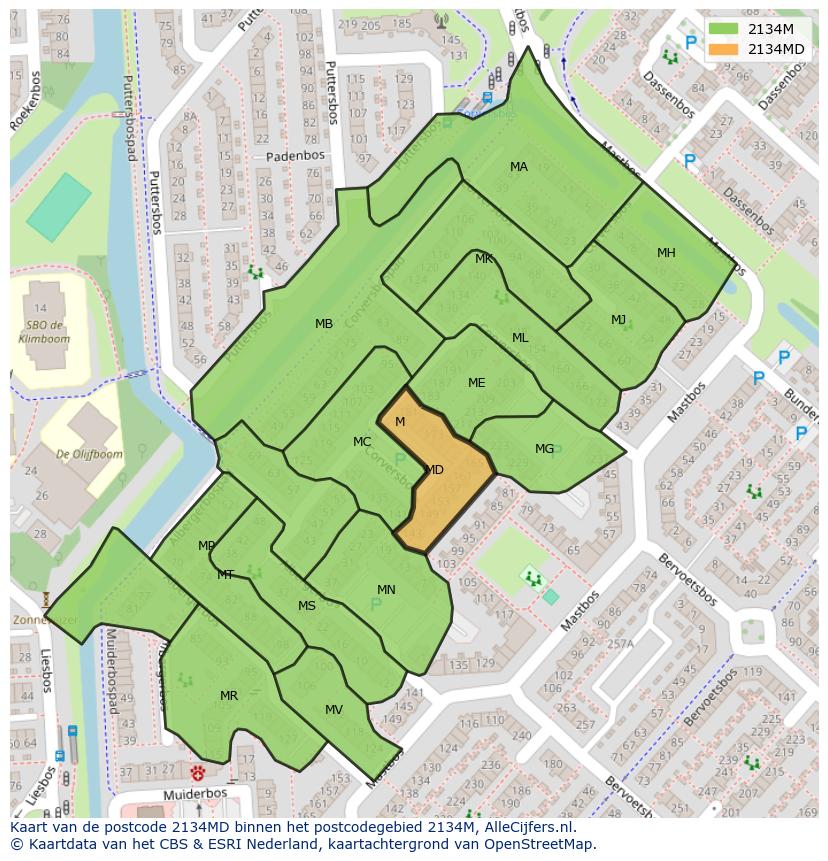 Afbeelding van het postcodegebied 2134 MD op de kaart.