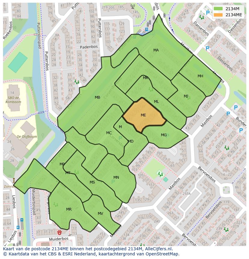 Afbeelding van het postcodegebied 2134 ME op de kaart.