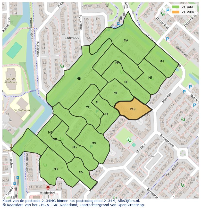Afbeelding van het postcodegebied 2134 MG op de kaart.