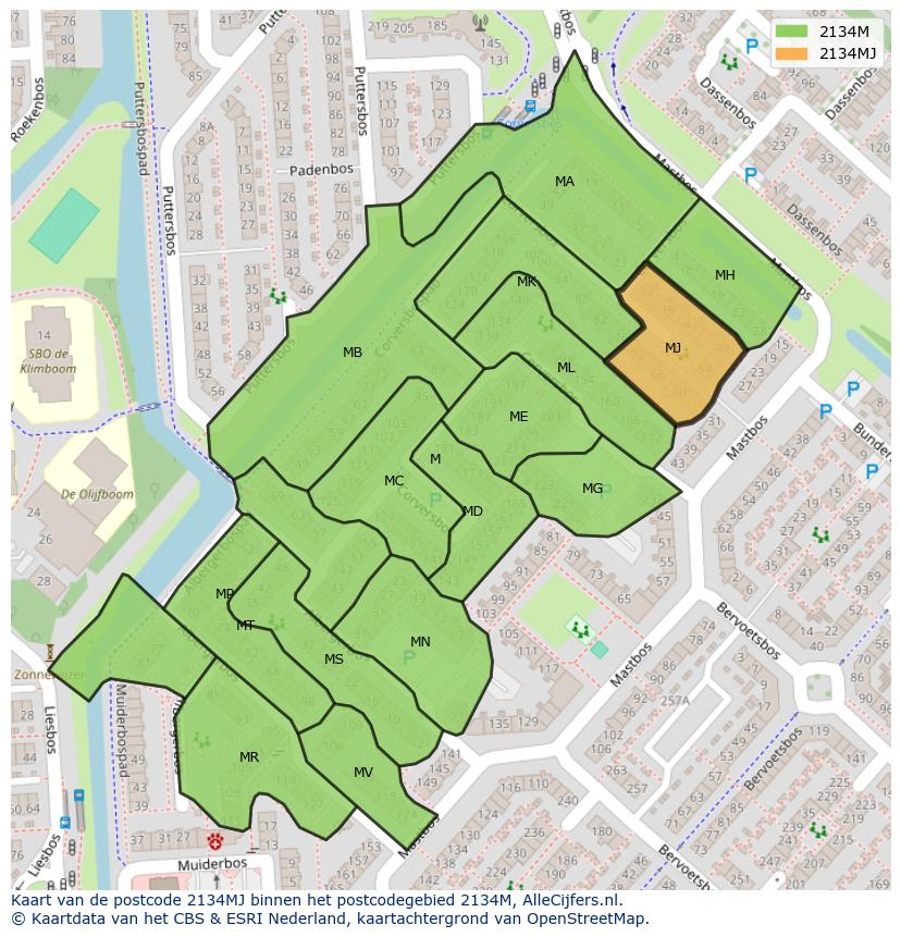 Afbeelding van het postcodegebied 2134 MJ op de kaart.