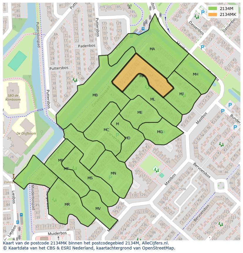 Afbeelding van het postcodegebied 2134 MK op de kaart.