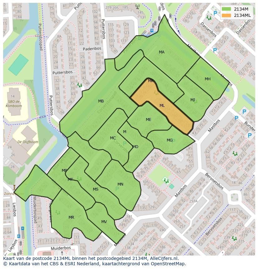 Afbeelding van het postcodegebied 2134 ML op de kaart.