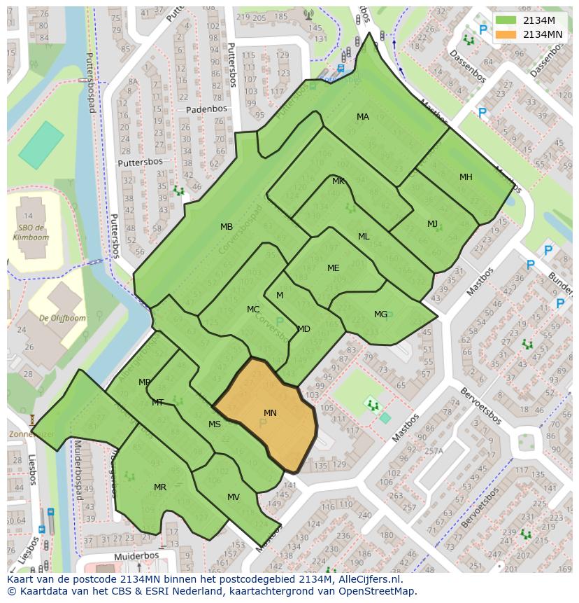 Afbeelding van het postcodegebied 2134 MN op de kaart.