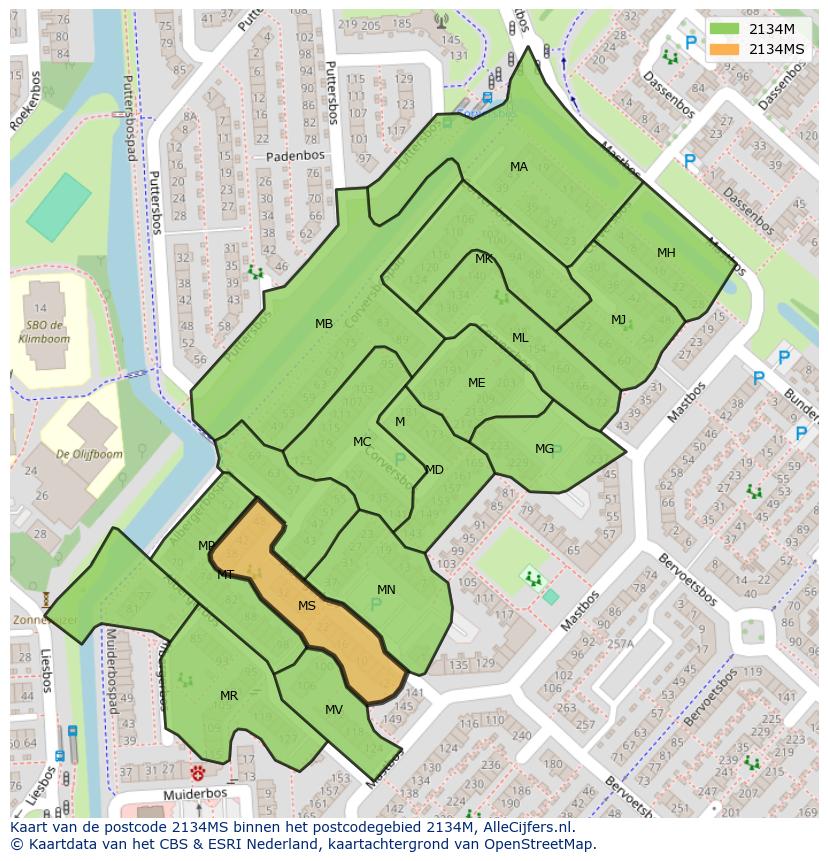 Afbeelding van het postcodegebied 2134 MS op de kaart.