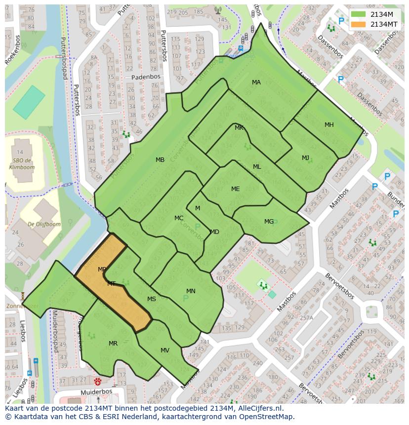 Afbeelding van het postcodegebied 2134 MT op de kaart.
