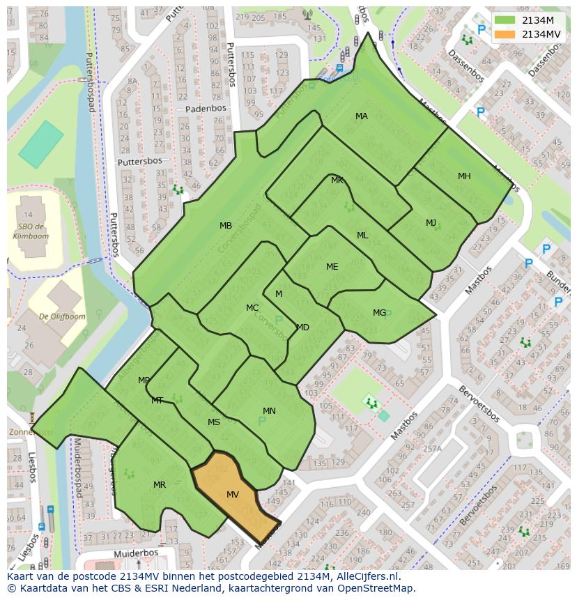 Afbeelding van het postcodegebied 2134 MV op de kaart.