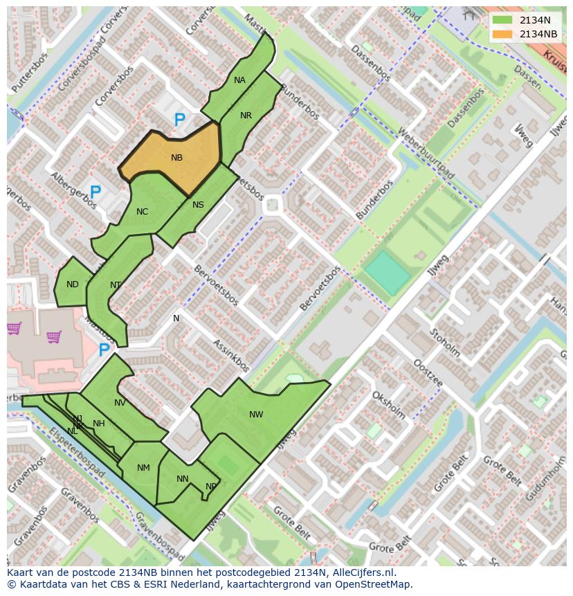 Afbeelding van het postcodegebied 2134 NB op de kaart.