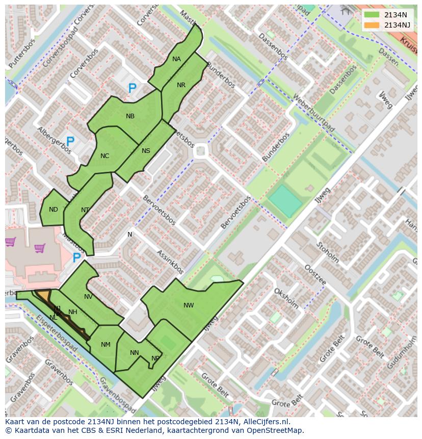 Afbeelding van het postcodegebied 2134 NJ op de kaart.