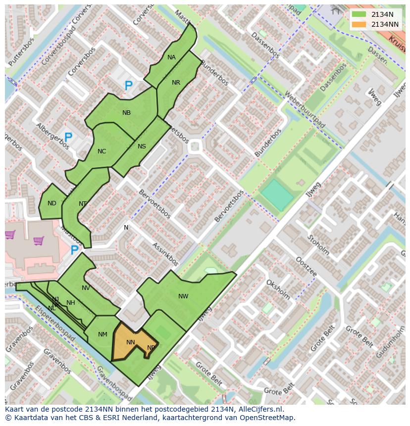 Afbeelding van het postcodegebied 2134 NN op de kaart.