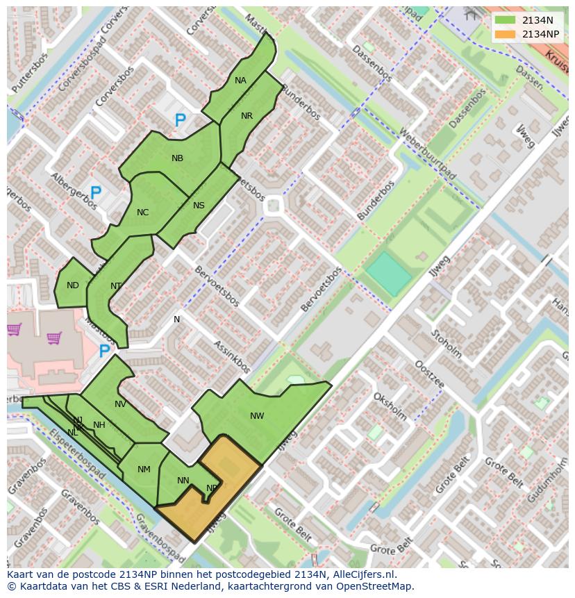 Afbeelding van het postcodegebied 2134 NP op de kaart.
