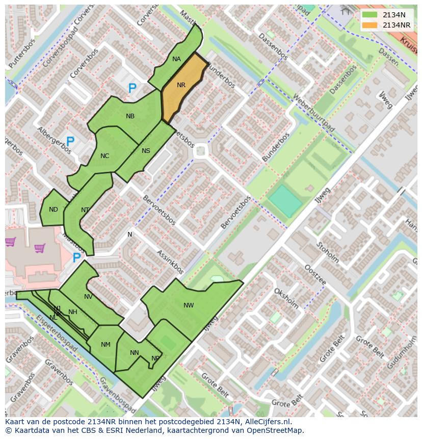 Afbeelding van het postcodegebied 2134 NR op de kaart.