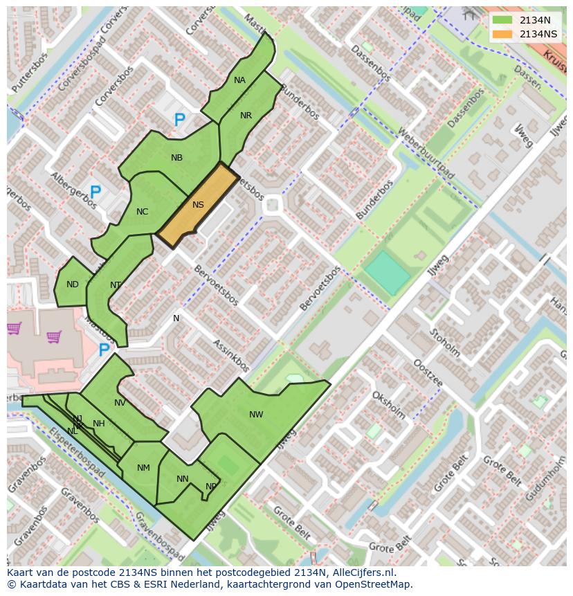 Afbeelding van het postcodegebied 2134 NS op de kaart.