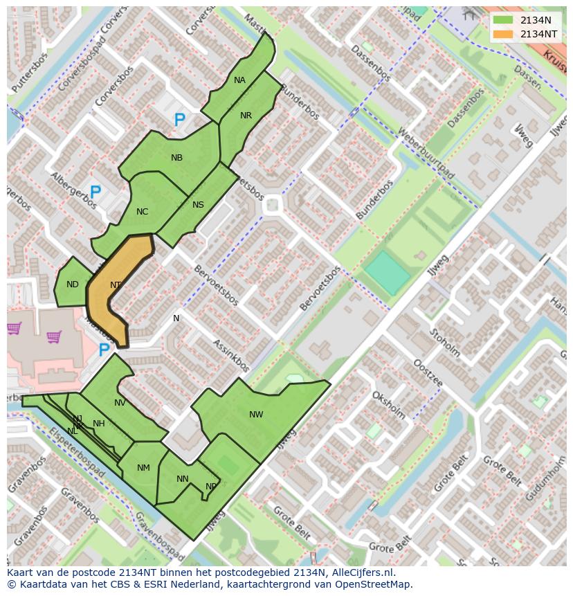 Afbeelding van het postcodegebied 2134 NT op de kaart.