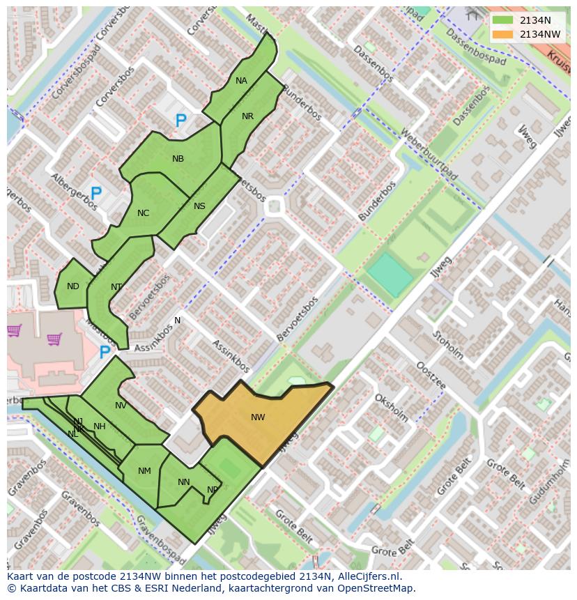 Afbeelding van het postcodegebied 2134 NW op de kaart.