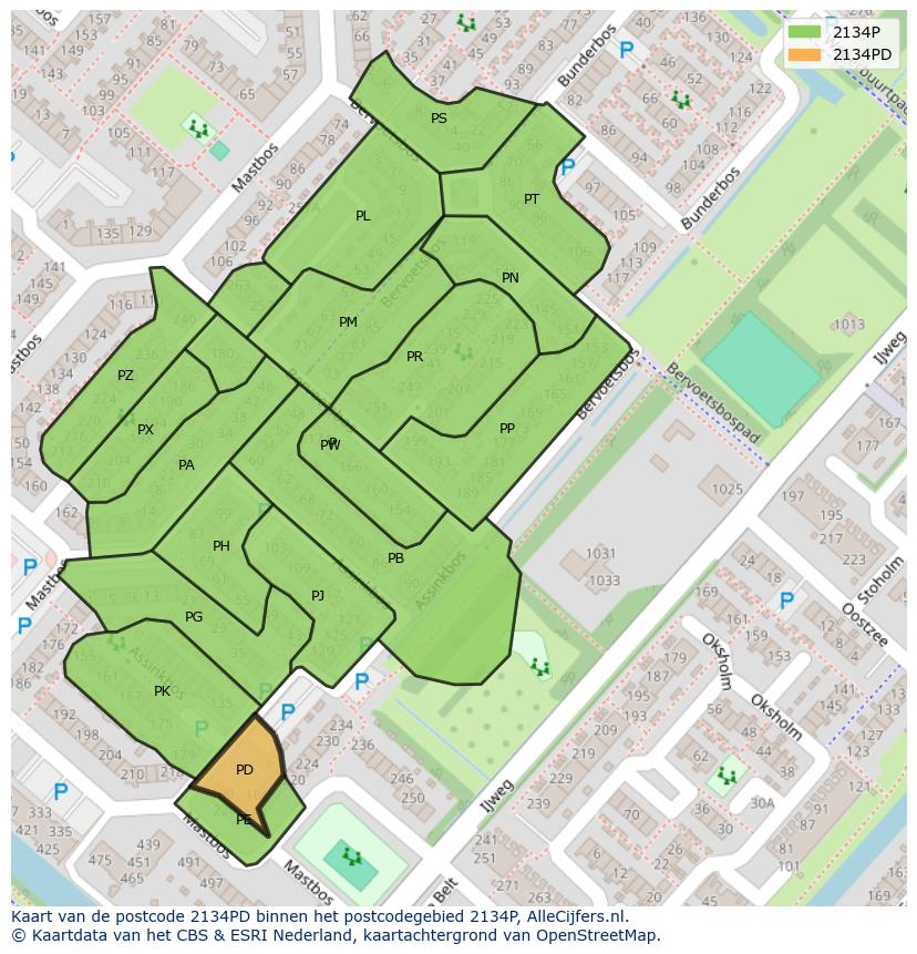 Afbeelding van het postcodegebied 2134 PD op de kaart.