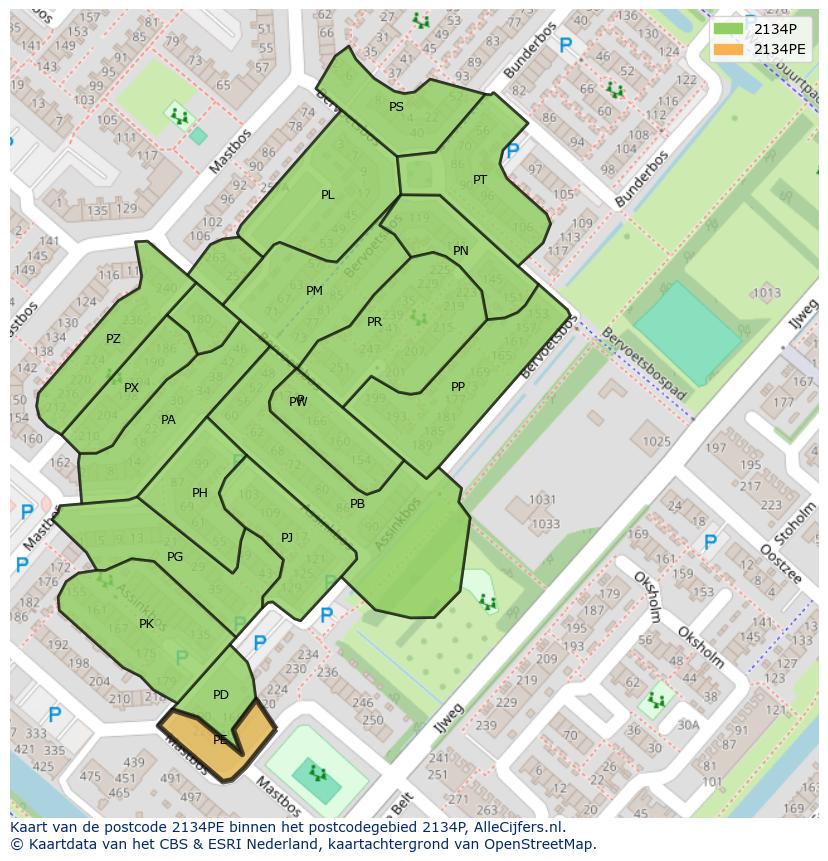 Afbeelding van het postcodegebied 2134 PE op de kaart.