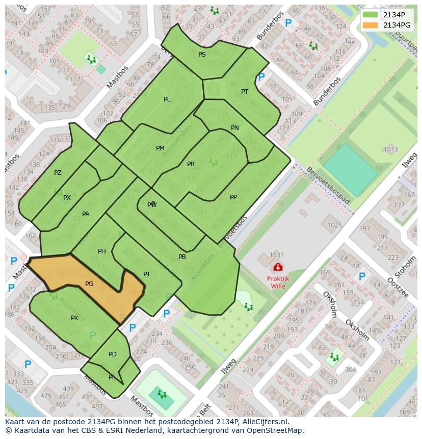 Afbeelding van het postcodegebied 2134 PG op de kaart.