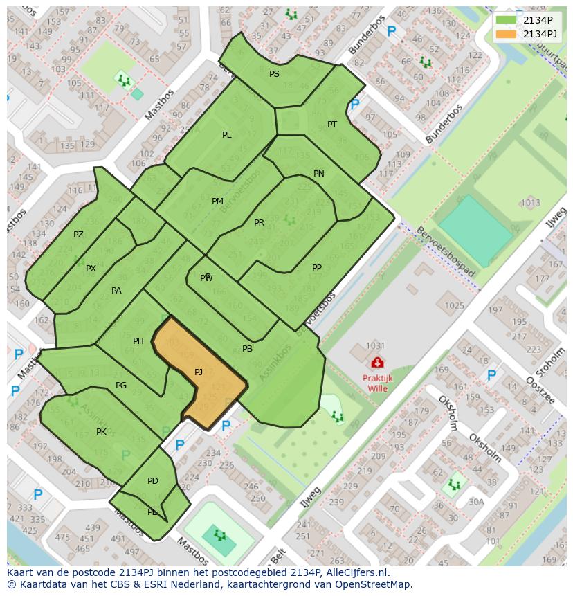 Afbeelding van het postcodegebied 2134 PJ op de kaart.