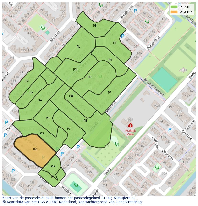 Afbeelding van het postcodegebied 2134 PK op de kaart.