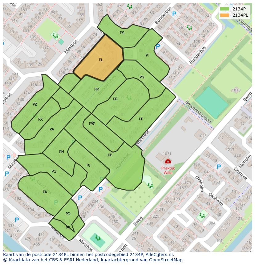 Afbeelding van het postcodegebied 2134 PL op de kaart.