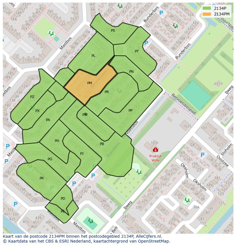 Afbeelding van het postcodegebied 2134 PM op de kaart.