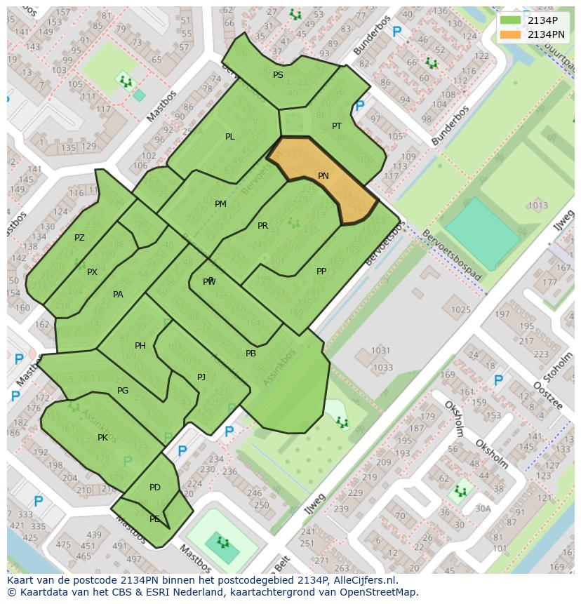 Afbeelding van het postcodegebied 2134 PN op de kaart.