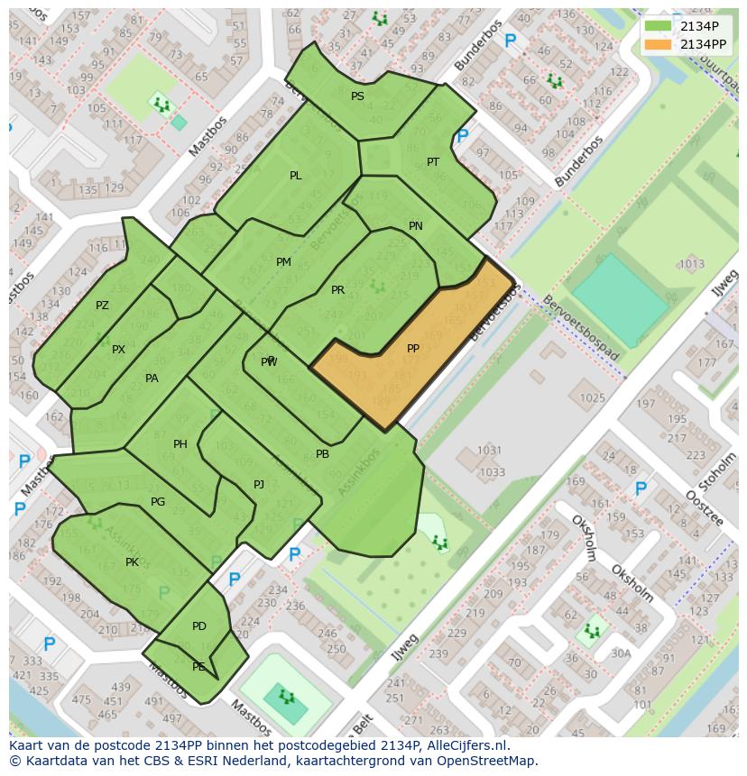 Afbeelding van het postcodegebied 2134 PP op de kaart.