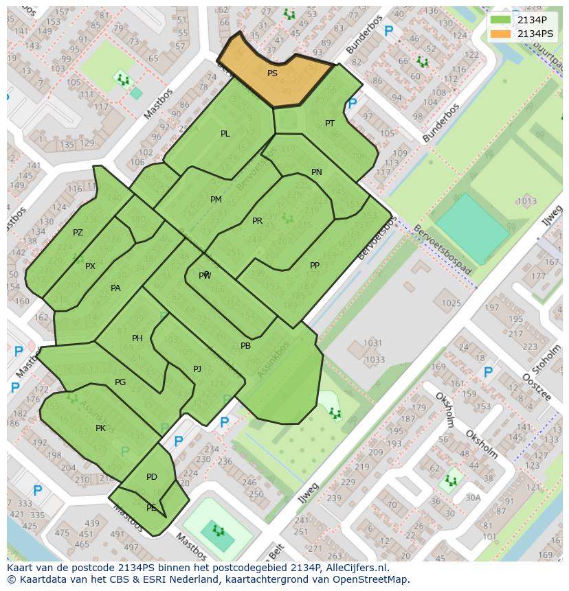 Afbeelding van het postcodegebied 2134 PS op de kaart.