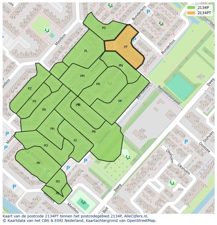 Afbeelding van het postcodegebied 2134 PT op de kaart.