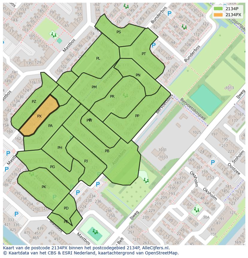 Afbeelding van het postcodegebied 2134 PX op de kaart.