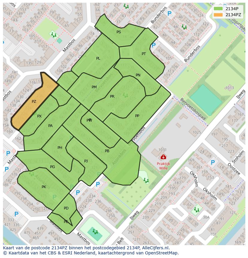 Afbeelding van het postcodegebied 2134 PZ op de kaart.