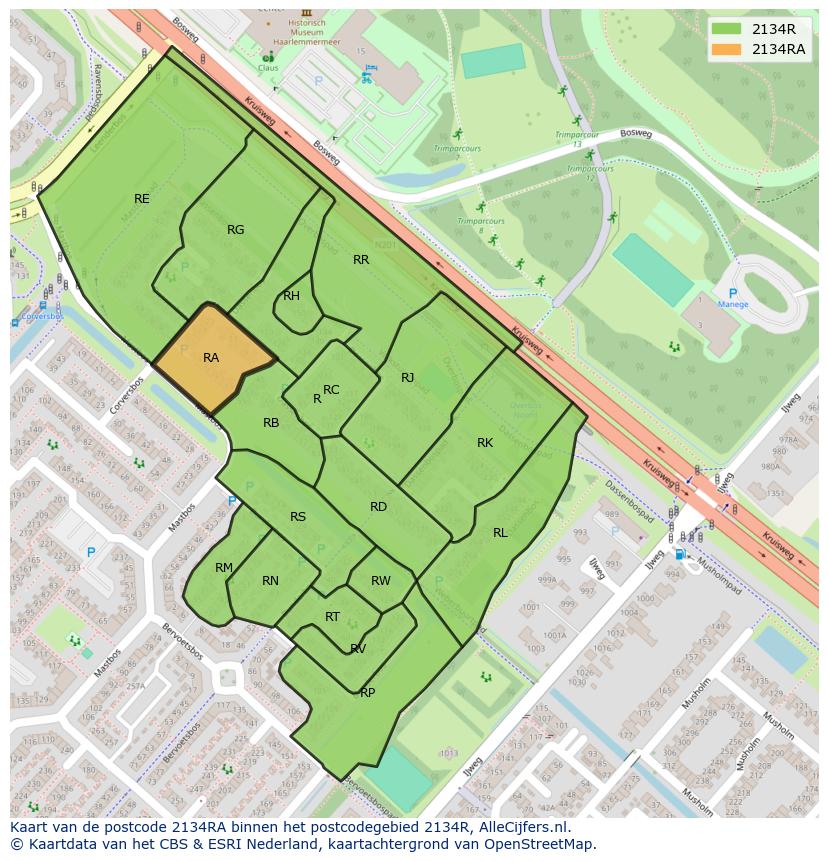 Afbeelding van het postcodegebied 2134 RA op de kaart.