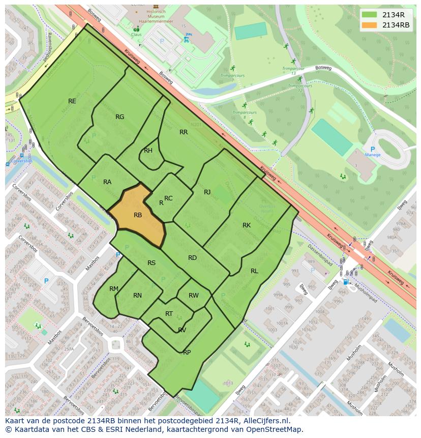 Afbeelding van het postcodegebied 2134 RB op de kaart.