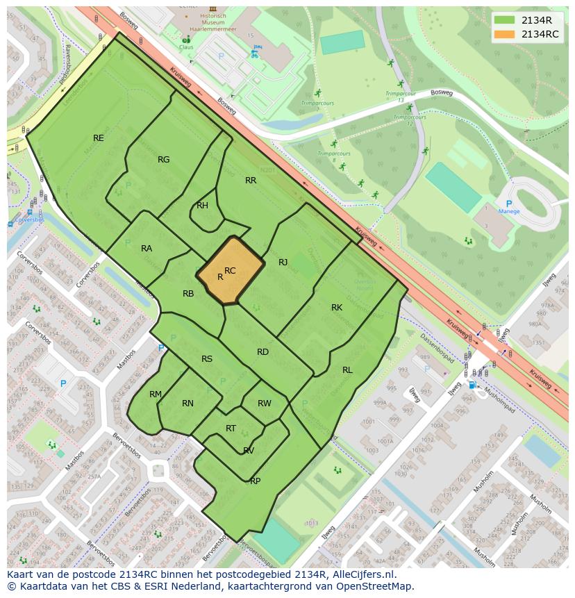 Afbeelding van het postcodegebied 2134 RC op de kaart.