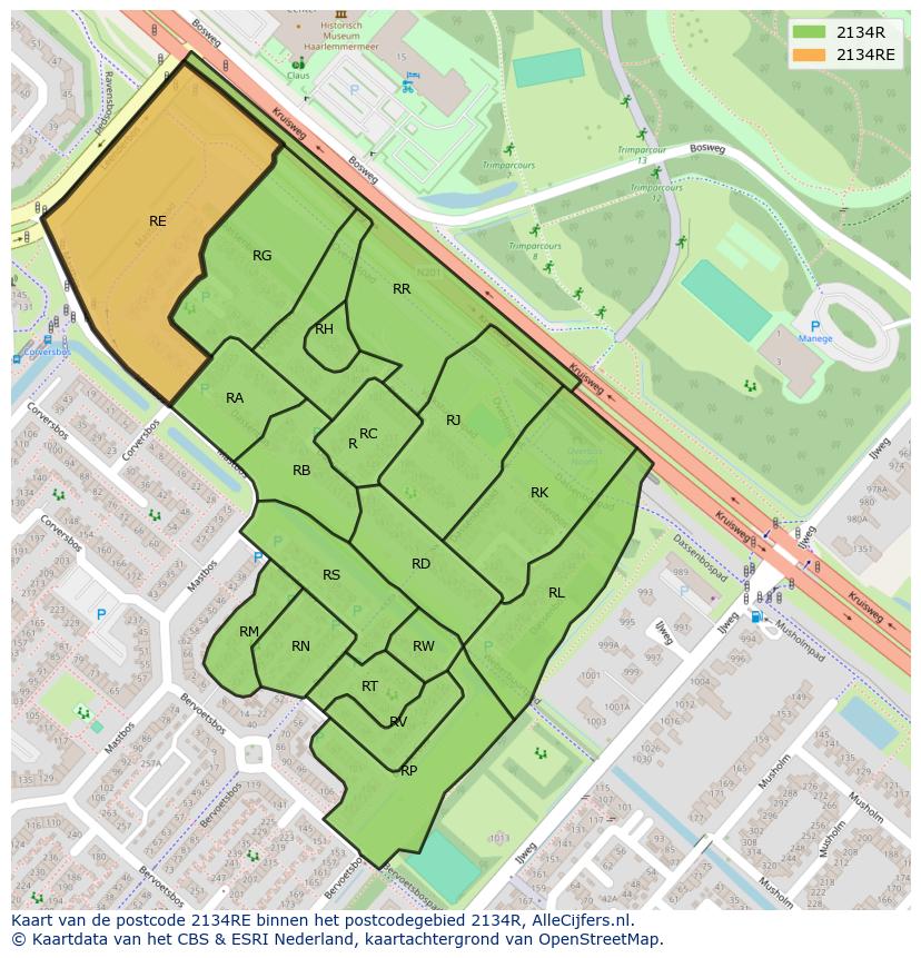 Afbeelding van het postcodegebied 2134 RE op de kaart.