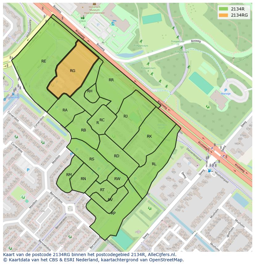 Afbeelding van het postcodegebied 2134 RG op de kaart.