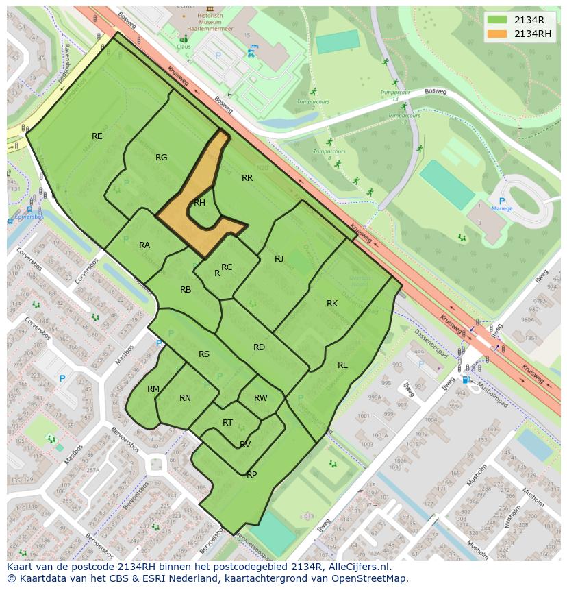 Afbeelding van het postcodegebied 2134 RH op de kaart.