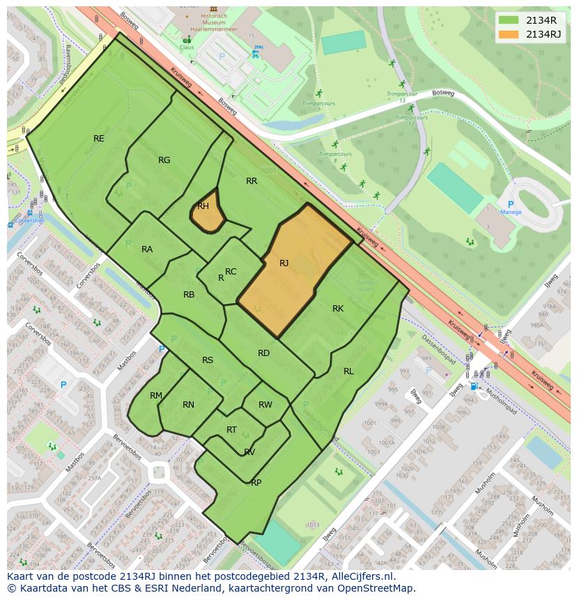 Afbeelding van het postcodegebied 2134 RJ op de kaart.