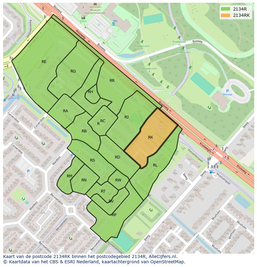 Afbeelding van het postcodegebied 2134 RK op de kaart.