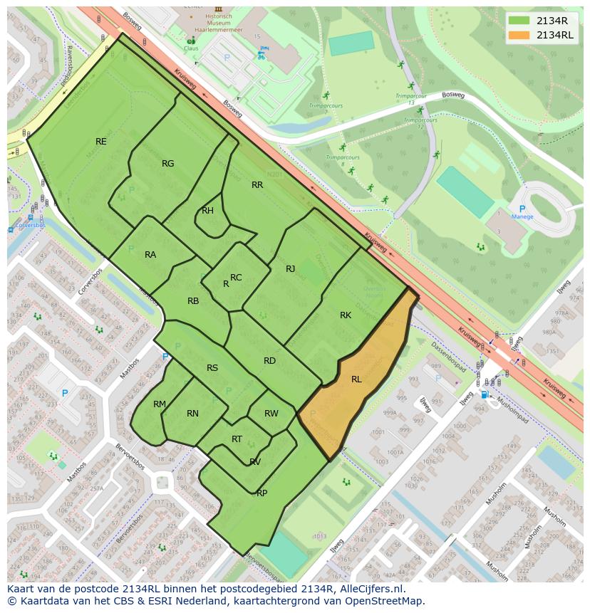 Afbeelding van het postcodegebied 2134 RL op de kaart.