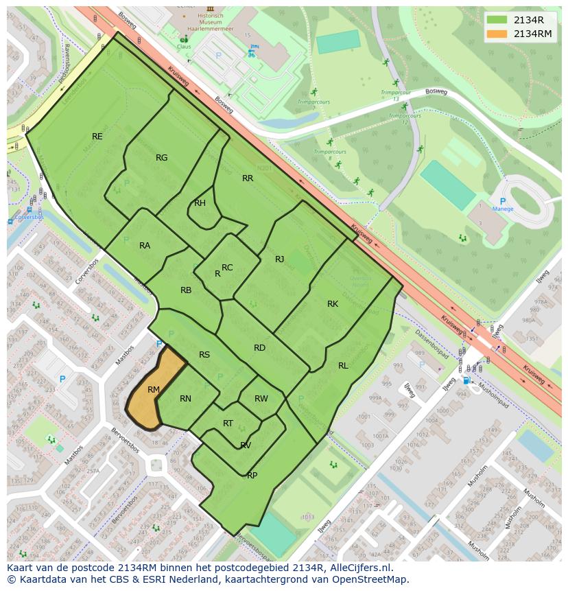 Afbeelding van het postcodegebied 2134 RM op de kaart.