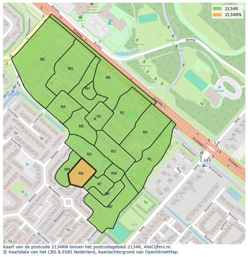 Afbeelding van het postcodegebied 2134 RN op de kaart.