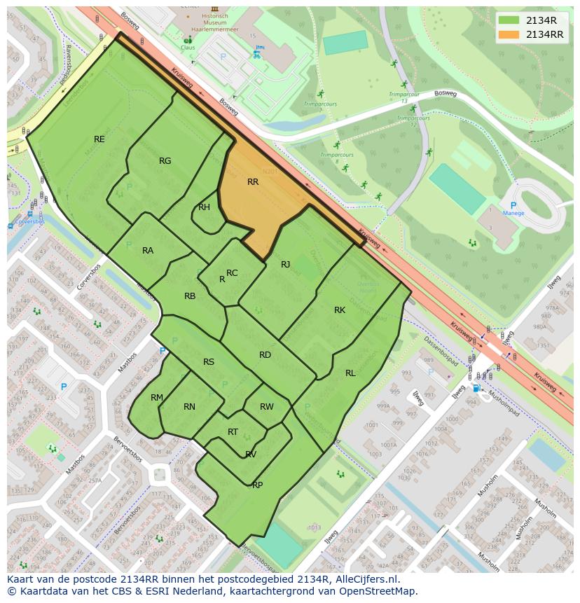 Afbeelding van het postcodegebied 2134 RR op de kaart.