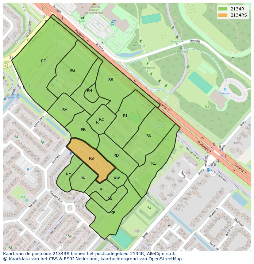 Afbeelding van het postcodegebied 2134 RS op de kaart.