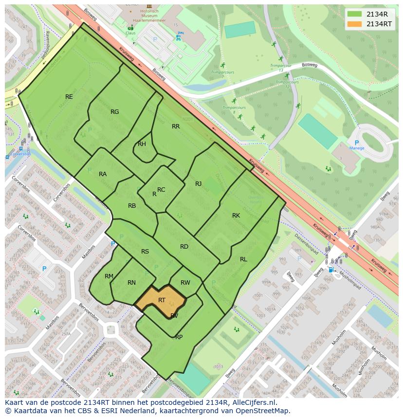Afbeelding van het postcodegebied 2134 RT op de kaart.
